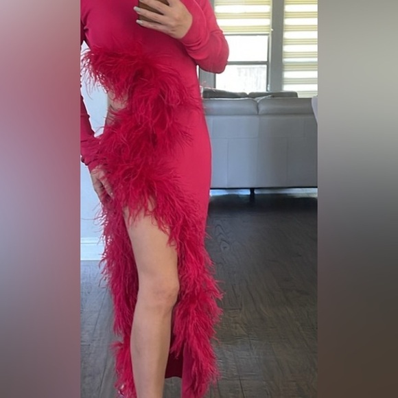 LAPOINTE
Feather-Trim Cutout Long-Sleeve High Shine Viscose Maxi Dress - Picture 13 of 14